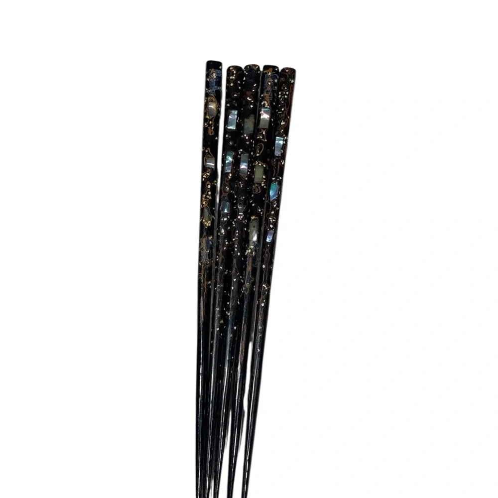 Japanese Vtg Black Lacquer Abalone Inlay Chopsticks Lot Of 5 8” Mother Of Pearl